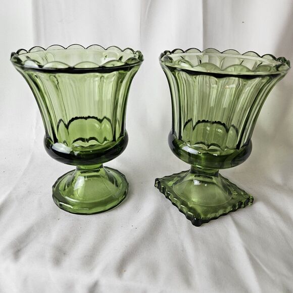 Indiana Glass Other - VTG Pressed Indiana Avocado Green Glass/Square Pedestal 6” X 4.5” Set Of 2